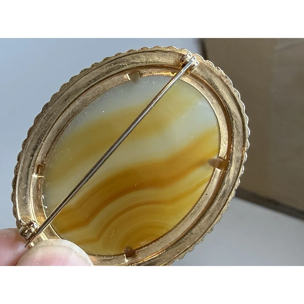 Vintage Orange Banded Agate Twisted Rope Oval Large Brooch Pin Retro‎ Silver